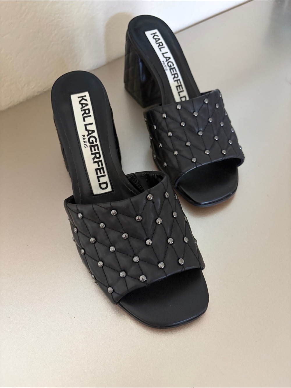 Karl Lagerfeld Black Quilted Studded Slide Mules